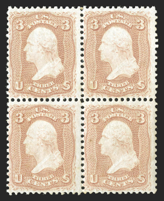 65, 3c Rose, fresh mint block of four, pristine o.g., n.h., fine.