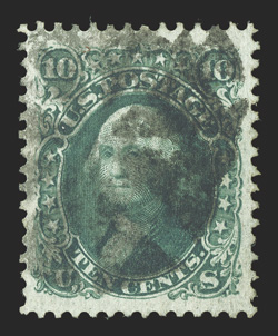 96, 10c Yellow green, F grill, used, exceptionally well centered within lavishly large margins, deeply rich color, trifle heavy cancel (otherwise would grade higher), extremely
fine 1984 PF certificate and a 2011 PSE certificate (VF-XF 85 Jum