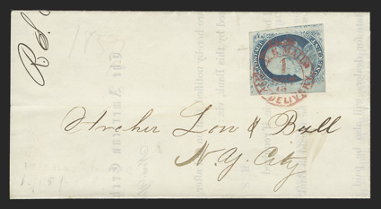 9, 1c Blue, Ty. IV, position 31L1L, double transfer, handsome single with three huge margins, fourth at bottom just touching, exceptional color and impression, tied to small
neat printed circular dated October 14, 1857 by superb strike of