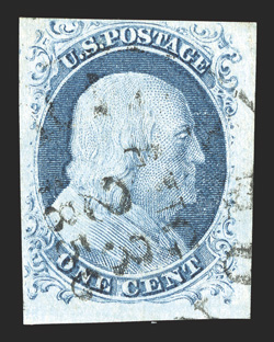 9, 1c Blue, Ty. IV, position 100L1L, double transfer, bottom right corner sheet-margin example, with mostly large to huge margins all around, pretty pastel shade, excellent
impression, very light town c.d.s., extremely fine ex-Cowitt.