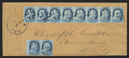 7, 9, 1c Blue, Ty. II, Ty. IV, positions 1-10R1L, an amazing franking of a horizontal pair and a strip of eight, comprising the entire top row of plate 1 late - right pane,
position 4 being Ty. II, the only position on the plate of 200 that wa
