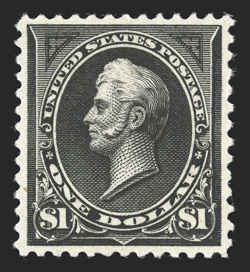 276, $1.00 Black, Ty. I, exceptional centering though reperforated at left, deep color and a well incised impression on bright paper, o.g., lightly hinged, extremely fine
appearance clear 1986 PF certificate and a 2010 PSE certificate.