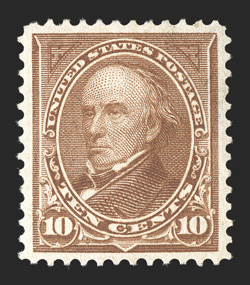 282C, 10c Brown, Ty. I, flawlessly centered within large margins, lovely color that is exceedingly bright and rich, o.g., extremely fine an especially choice stamp 2011 PSE
certificate (Superb 98 OGh SMQ $1,300.00) this is the highest grad