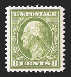 337, 8c Olive green, a striking mint single, possessing enormously large margins all around and being marvelously well centered within them, brilliantly fresh color and a crisp
impression, pristine o.g., n.h., extremely fine an incomparable gem