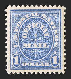 O123, $1.00 Postal Savings, a sensational mint single that has no equal, as this gem features all the desirable characteristics one could hope for - perfect centering amid
exceedingly large margins, brilliantly fresh color and immaculate o.g. th