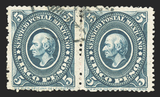 230, 1892 5P Blue green, used horizontal pair, strong rich color, lightly cancelled, fine and a scarce multiple.