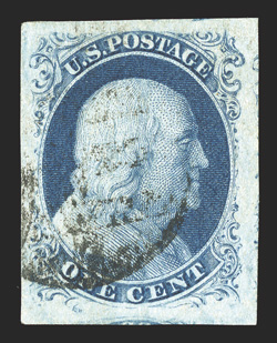 8, 1c Blue, Ty. III, position 73L4, a superb used single, possessing margins of extraordinary size quite unlike any other example of a Ty. III we have had the pleasure to offer
in our auctions, with huge to immense margins all around, showing sm