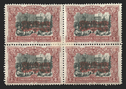 O110, 1916 50c Brown red and black official with G.P DE M. overprint, mint block of four, well centered, strong colors, o.g., small central h.r., very fine genuine single
stamps of this official are elusive, blocks are rare 2011 Mepsi certif