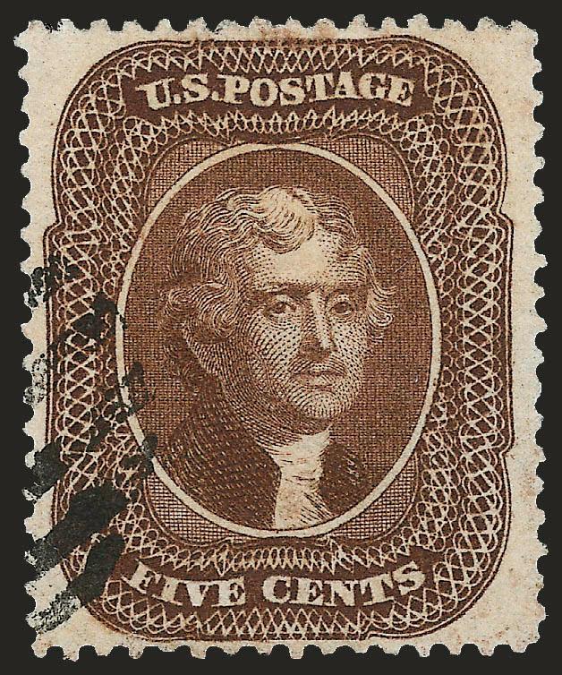 5c Brown, Ty. II (30A).> Handsome margins clear of the design all around, marvelous intense color with clear impression, neat face-free rimless grid cancel, Extremely Fine, with 2008 P.S.E. certificate (XF 90
SMQ $860.00)