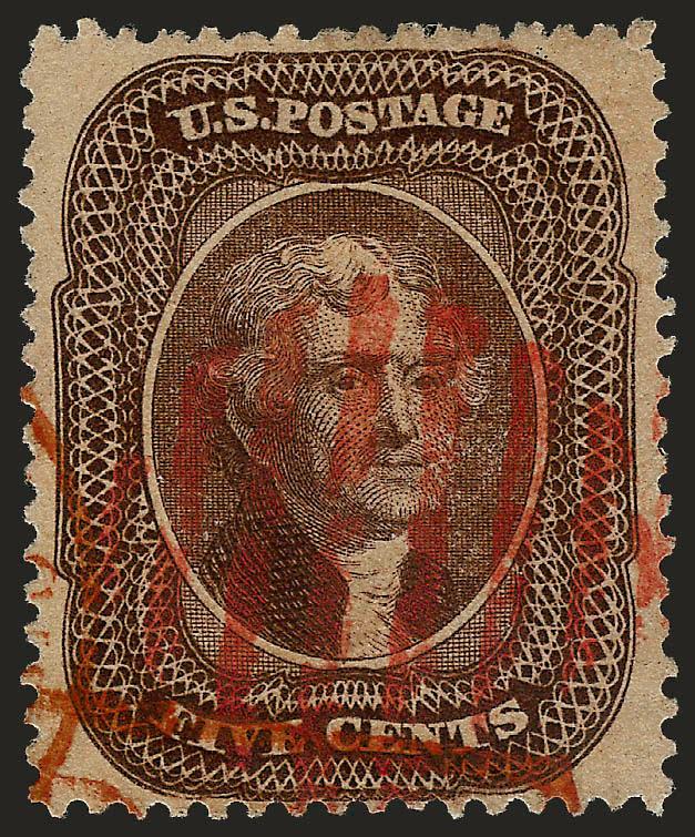 5c Brown, Ty. II (30A).> Rich color, three wide margins, bold strike of <red grid> cancel, Very Fine and choice, with 2004 P.F. certificate