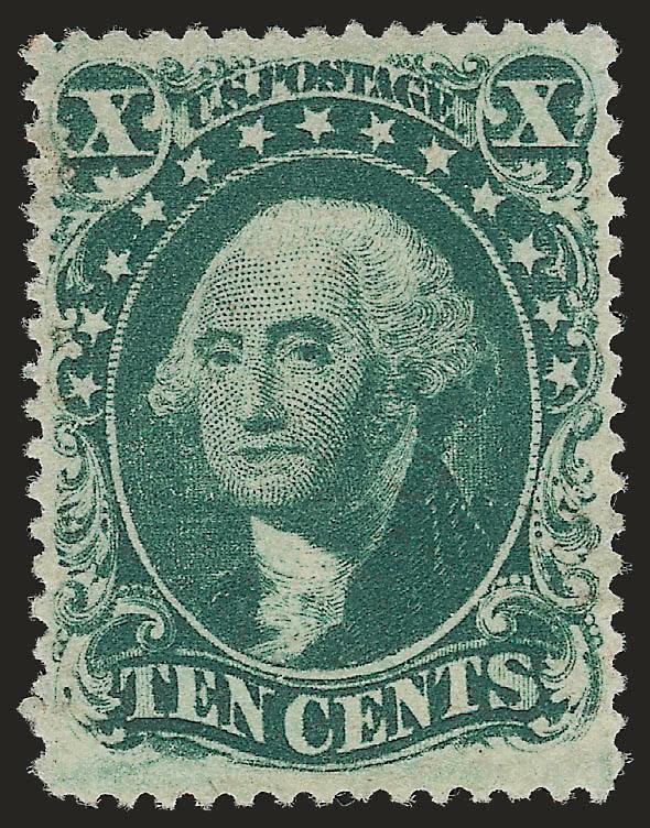 10c Green, Ty. IV (34).> Position 55L1, recut at bottom, unused (no gum), deep rich color on bright paper, well-balanced margins with perforations well clear of the design on all sides<><>^EXTREMELY FINE. THE
10-CENT TYPE IV PERFORATED 1857 ISSUE I
