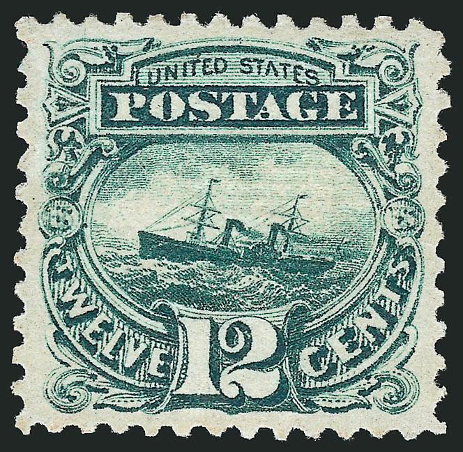 12c Green (117).> Original gum, lightly hinged, attractive margins and wonderfully well-centered, deep rich color, single creased perf at top right, otherwise Extremely Fine, with 1984 P.F. certificate that does
not mention the perf crease