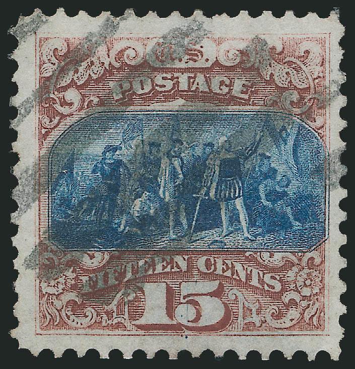 15c Brown & Blue, Ty. I (118).> Bright colors, Jumbo margins all around, bold strike of large grid cancel<><>^EXTREMELY FINE. A BEAUTIFUL USED EXAMPLE OF THE 15-CENT TYPE I 1869 PICTORIAL.^<><>With 2008 P.S.E.
certificate (XF 90 Jumbo SMQ $1,750