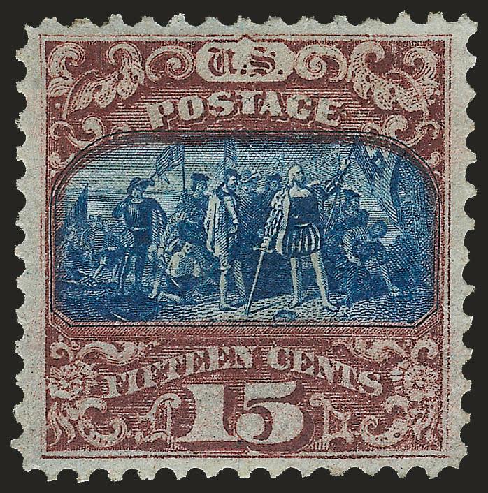 15c Brown & Blue, Ty. II (119).> Original gum, beautifully centered with attractive margins, both the vignette and the frame with strong colors<><>^VERY FINE AND CHOICE. AN OUTSTANDING ORIGINAL-GUM EXAMPLE OF
THE 15-CENT TYPE II 1869 PICTORIAL ISSU