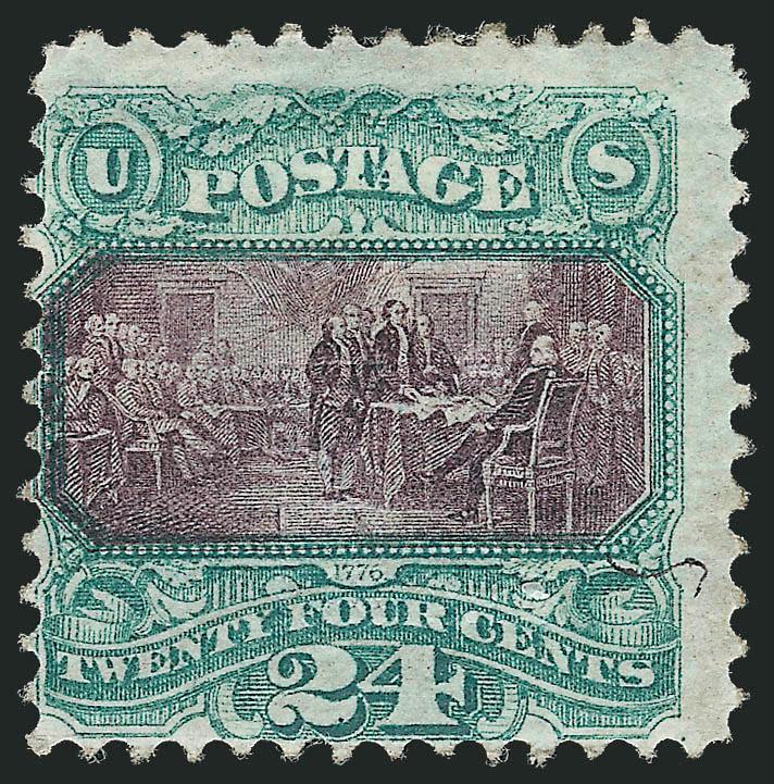 24c Green & Violet (120).> Small part original gum, paper h.r., bright colors, thin spot at top, Very Good appearance