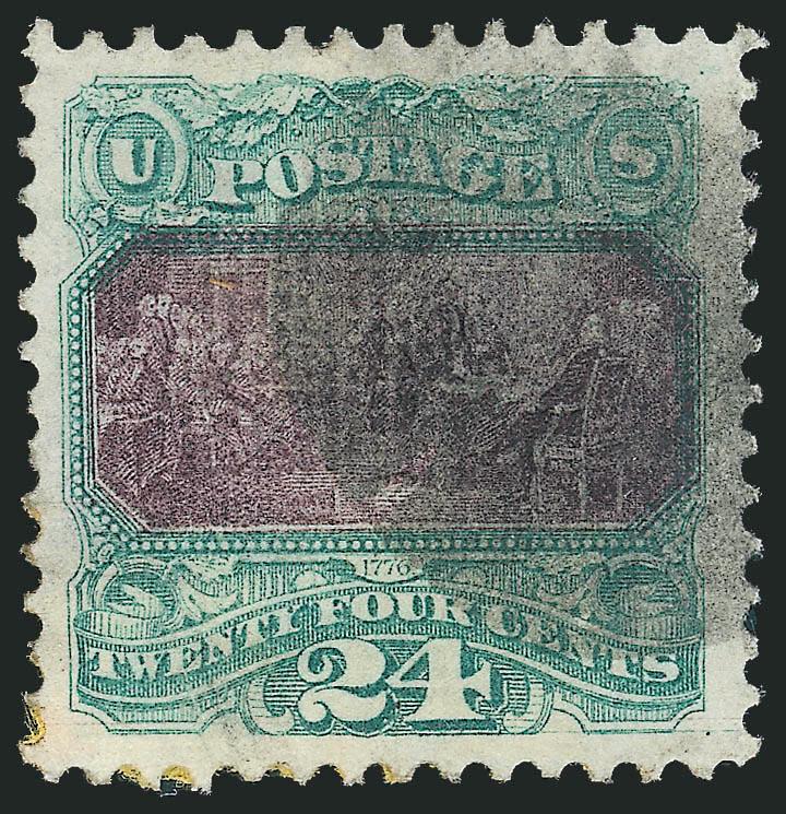 24c Green & Violet (120).> Wide margins and choice centering, bright colors, cork cancel, adherence on back, Extremely Fine