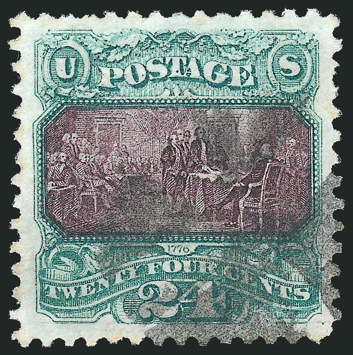 24c Green & Violet (120).> Exceptionally wide balanced margins, rich colors and neat quartered cork cancel, a few partly nibbed perfs, still Extremely Fine, with 2007 P.S.E. certificate