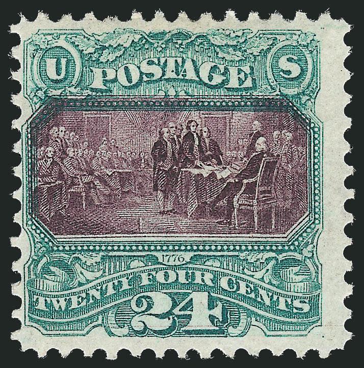 24c Green & Violet, Without Grill (120a).> Original gum, lightly hinged, deep rich colors and detailed impressions, centered to top left as often but perfs clear of frame<><>^FINE AND EXTREMELY RARE 24-CENT 1869
PICTORIAL ISSUE WITHOUT GRILL.<><>