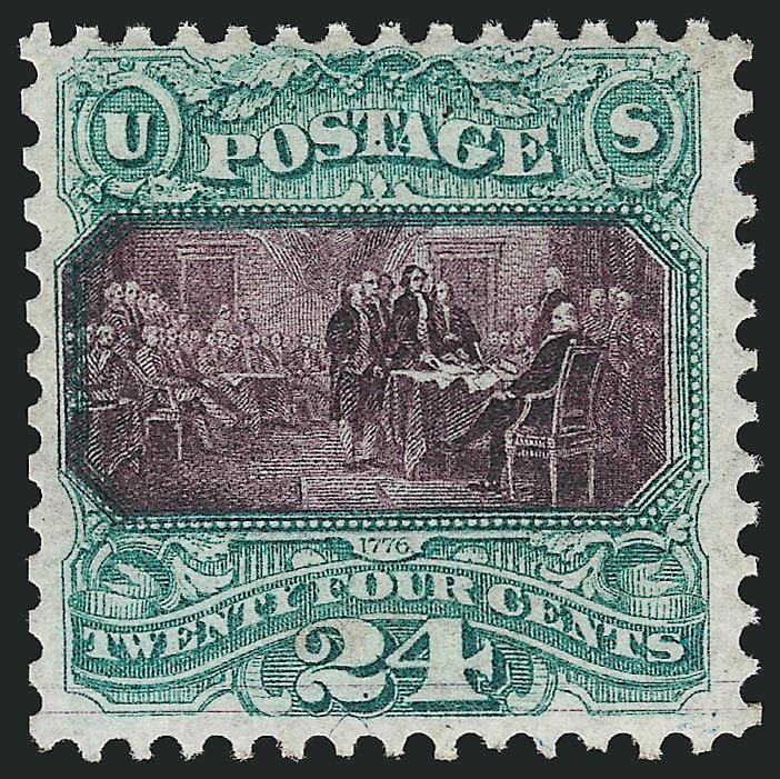 24c Green & Violet, Without Grill (120a).> Slightly disturbed original gum, beautiful colors and proof-like impression, reperfed at left<><>^FINE APPEARING EXAMPLE OF THE RARE 24-CENT 1869 PICTORIAL. POSSIBLY
THE MOST CHALLENGING OF THE 1869 WITHOU