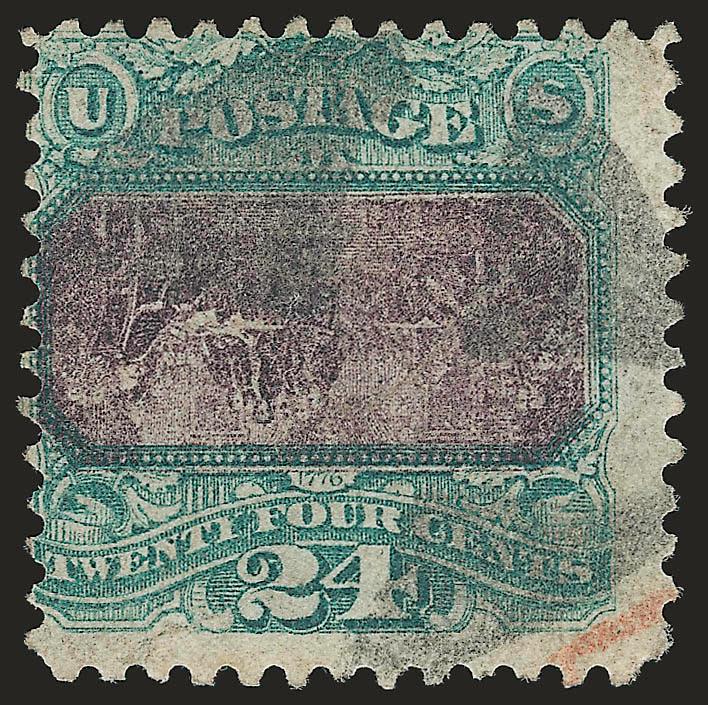 24c Green & Violet, Center Inverted (120b).> Rich colors, unobtrusive cork cancel leaves inverted vignette clearly visible, trace of red cancel at bottom right, centered to top left, small thin spot<><>^AN
ATTRACTIVE USED EXAMPLE OF THE RARE 24-CEN