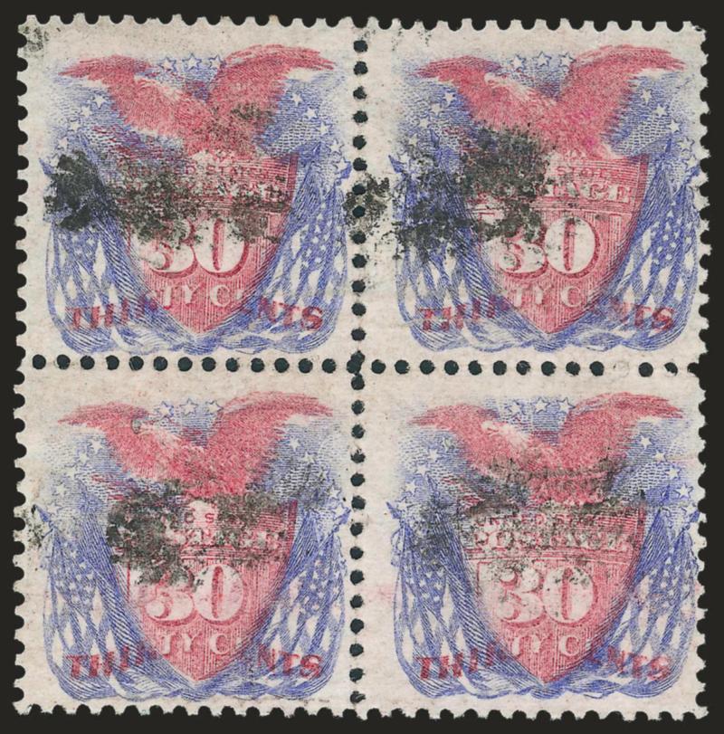 30c Ultramarine & Carmine (121).> Block of four, cork cancels and additional lightened crayon on bottom pair, reperfed at left, small repair at top right, Fine appearance, with 2001 P.F. certificate