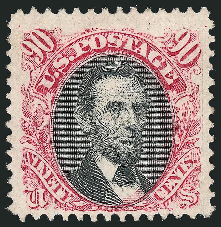 90c Carmine & Black (122).> Disturbed original gum, unusually wide margins, balanced at sides, wonderful colors and clear impression<><>^FINE. HANDSOME UNUSED EXAMPLE OF THIS 1869 PICTORIAL ISSUE TOP
VALUE.^<><>With 2007 P.S.E. certificate