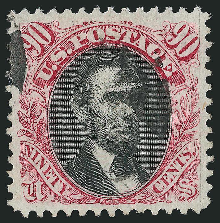 90c Carmine & Black (122).> Choice margins and almost perfectly centered, strong frame color and vignette shade, unusual single-wedge cancel<><>^EXTREMELY FINE. A VERY DESIRABLE USED 90-CENT 1869 PICTORIAL FROM
THE HIGH END OF THE QUALITY SPECTRUM.