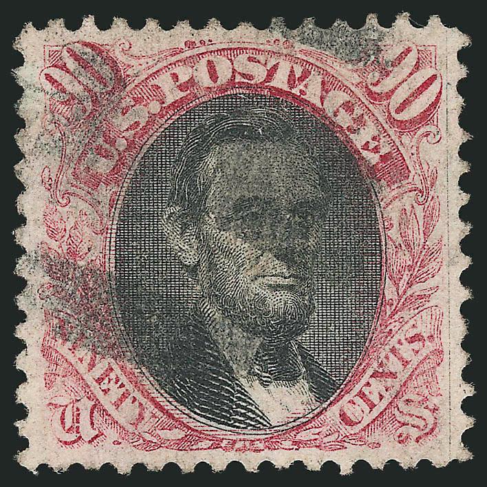 90c Carmine & Black (122).> Exceptionally well-centered, large bar grid cancel, some very slight surface rubbing in a couple places, really hard to detect, otherwise Very Fine and choice, with 1981 P.F.
certificate that makes no mention of surface ru