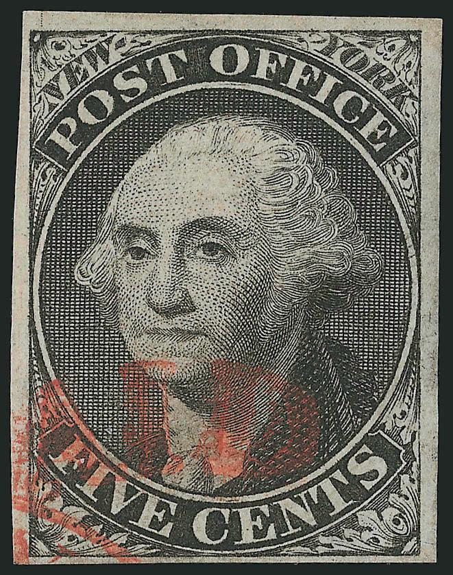 New York N.Y., 5c Black, Without Signature (9X1e).> Position 14, ample to large margins, nearly face-free red Paid in arc and circular datestamp, without usual pen cancel, Very Fine, with 1991 P.F., 1991 and 2004
P.S.E. certificates (VF 80)