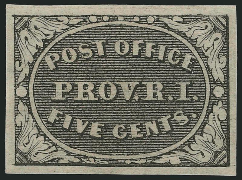 Providence R.I., 5c Gray Black (10X1).> Position 8, small part original gum, choice large balanced margins, clear impression, Extremely Fine Gem, with 1994 and 2005 P.S.E. certificates (XF-Superb
95)