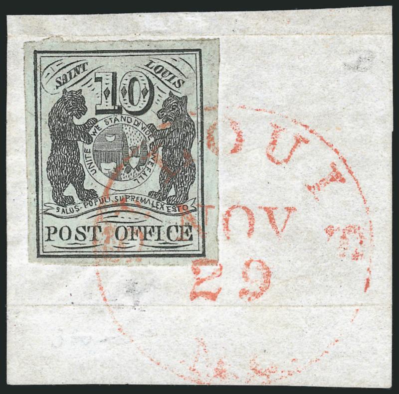 St. Louis Mo., 10c Black on Greenish (11X2).> Type II, Position 4, large margins all around, <without pen cancellation, tied by red St. Louis Mo. Nov. 29 circular datestamp> on small piece (couple creases and
thin in piece only, the stamp is sound)