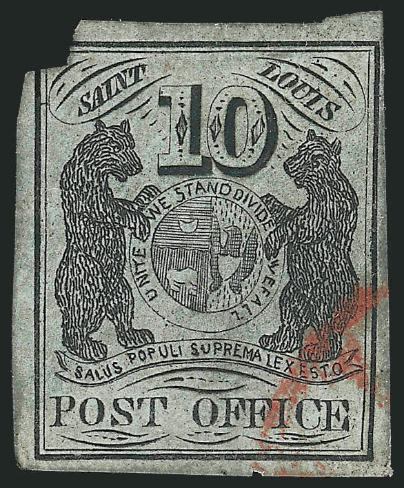 St. Louis Mo., 10c Black on Greenish (11X2).> Type III, Position 6, light strike of red circular datestamp cancel at bottom right leaves design clearly visible, without the usual pen cancel, faint crease, piece
missing from top left, still an accepta