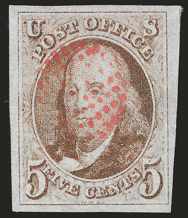 5c Red Brown (1).> Large to huge margins virtually all around, lovely color and clear impression, <unusual fancy red grid of small dots cancel,> faint horizontal crease at top, Extremely Fine appearance, ex
Caspary, with 2007 P.F. certificate, Scott