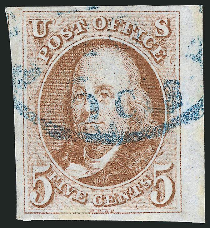 5c Red Brown (1).> Large to huge margins incl. <sheet margin> at right and part of adjoining stamp at left, radiant color, well-struck blue integral-rate circular datestamp, tiny toned spot at bottom, otherwise
Extremely Fine, with 2006 P.S.E. certif