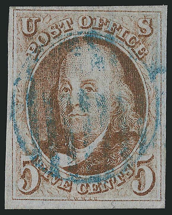 5c Red Brown (1).> Ample to large margins, clear impression, light blue grid cancel, Very Fine