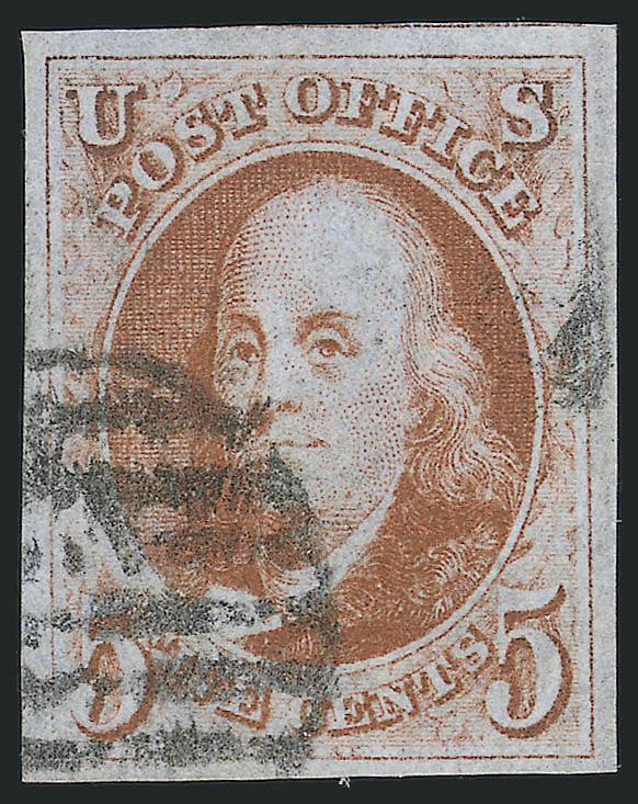 5c Orange Brown (1b).> Ample to very large margins, marvelous color and strong impression, black grid corner cancel, tiny corner crease at bottom left, appears Very Fine, with 2005 P.F. and 2005 P.S.E.
certificates (VF 80 SMQ $830.00 as with non-pre
