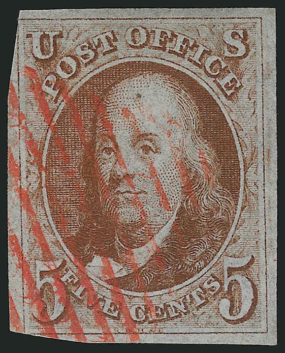 5c Red Brown (1).> Large margins to barely touched at left corners, pretty shade nicely complemented by red grid cancel, Fine