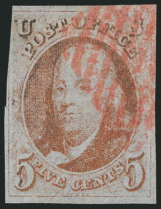 5c Red Orange (1c).> Three large margins, large to slightly in at left, New York red square grid cancel, trivial oxidation confined to top left corner, otherwise almost Fine, rare shade, with 1997 P.F.
certificate