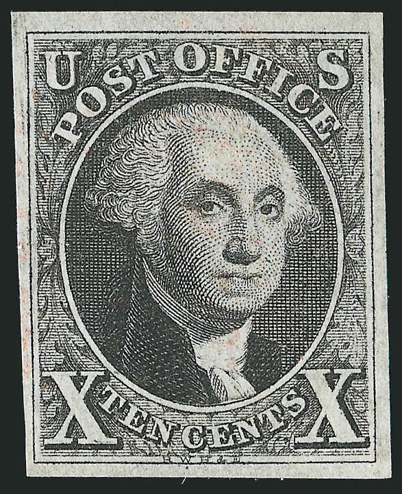 10c Black (2).> Position 46L, mostly large margins, barest trace of red cancel, crisp impression, Very Fine and choice, ex Wall, with 1978 P.F. and 2003 P.S.E. certificates (VF-XF 85 SMQ $1,650.00)