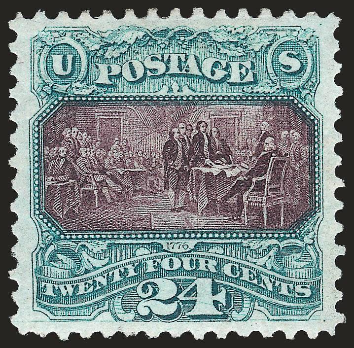 24c Green & Violet, Re-Issue (130).> Original gum, lightly hinged, intense colors and detailed impressions on bright paper, unusually choice centering with wide and balanced margins<><>^EXTREMELY FINE GEM. A
STUNNING ORIGINAL-GUM EXAMPLE OF THE 24-