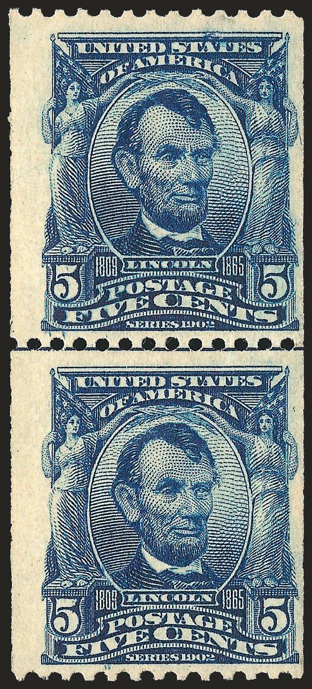 5c Blue, Coil (317).> Mint N.H. guide line pair, intense shade and impression on crisp paper<><>^FINE-VERY FINE. THIS MINT NEVER-HINGED GUIDE LINE PAIR IS THE ONLY RECORDED COMPLETELY SOUND GUIDE LINE MULTIPLE
OF THE 1908 5-CENT COIL. ONE OF THE KE