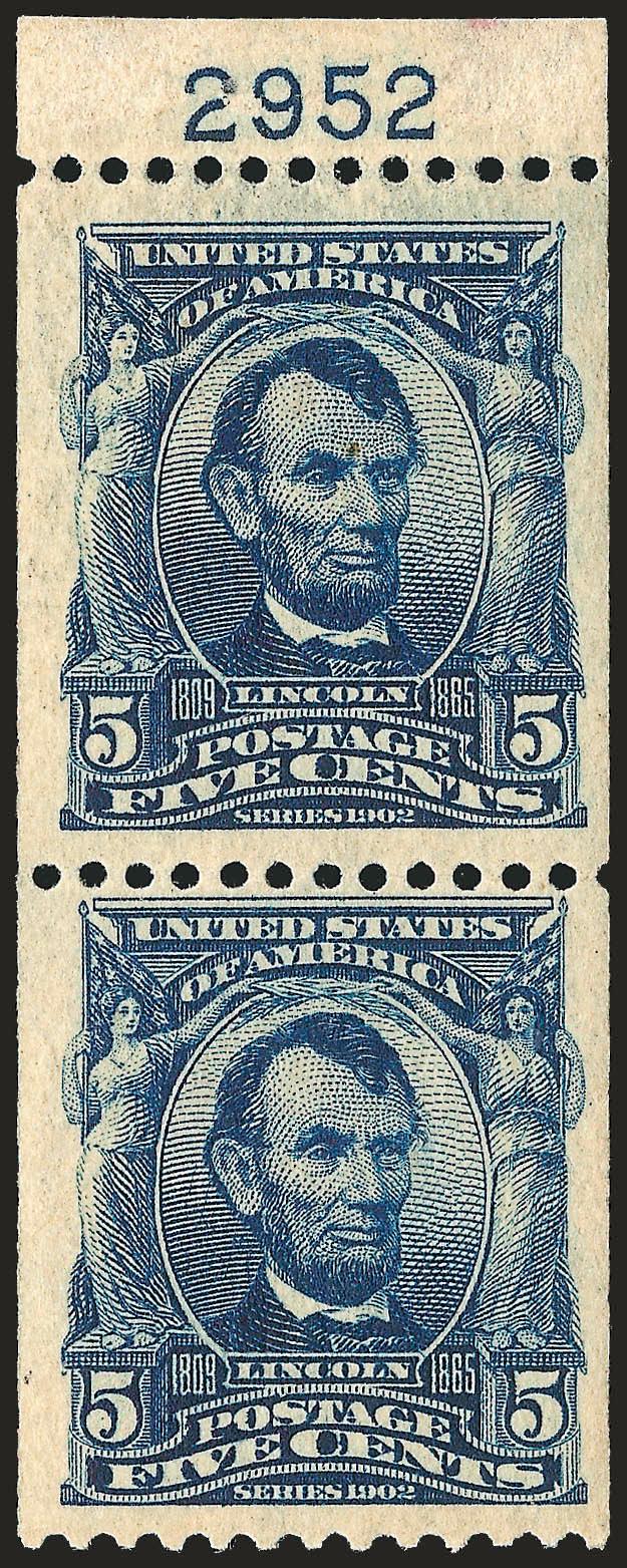 5c Blue, Coil (317).> Mint N.H. pair with <plate no. 2952 at top,> barest trace of hinging in selvage only, deep rich color and proof-like impression which shows every nuance of the engraving, wide
margins<><>^VERY FINE-EXTREMELY FINE. AN EXCEEDING