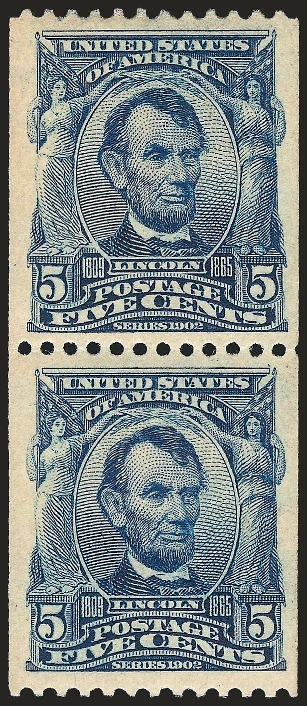 5c Blue, Coil (317).> Pair, lightly hinged, deep rich color and proof-like impression, unusually choice centering with wide and balanced margins<><>^EXTREMELY FINE. A MAGNIFICENT SUPERBLY-CENTERED PAIR OF THE
1908 5-CENT VERTICAL COIL, SCOTT 317.^<