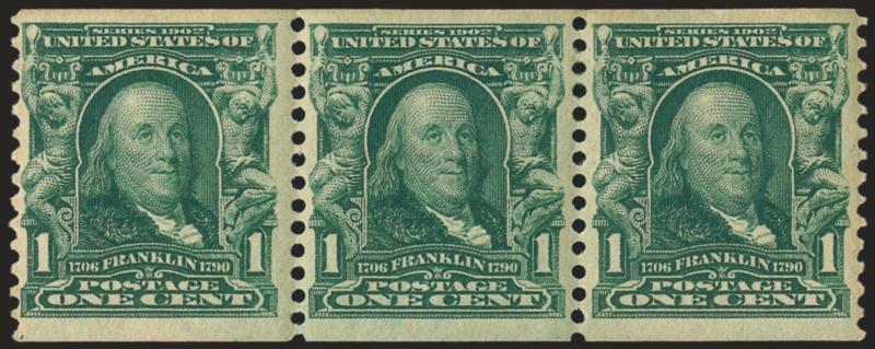 1c Blue Green, Coil (318).> Strip of three, <left stamp Mint N.H.,> rich color, detailed impression, wide margins<><>^VERY FINE AND CHOICE. A PHENOMENAL STRIP OF THREE OF THE 1908 ONE-CENT HORIZONTAL COIL,
SCOTT 318, CONTAINING A MINT NEVER-HINGED