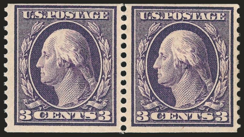 3c Deep Violet, Orangeburg Coil (389).> Pair, <left stamp Mint N.H.,> right stamp h.r., deep rich color and proof-like impression, right stamp has trivial small thin spot<><>^FINE-VERY FINE. AN EXCEEDINGLY RARE
PAIR CONTAINING THE ONLY KNOWN MINT N