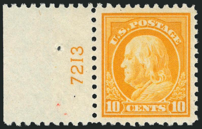 10c Orange Yellow (472).> Mint N.H. with <side plate no. 7213 selvage>, vibrant color on crisp paper, choice centering with wide margins, Extremely Fine, with 1988 and 1999 P.F. certificates