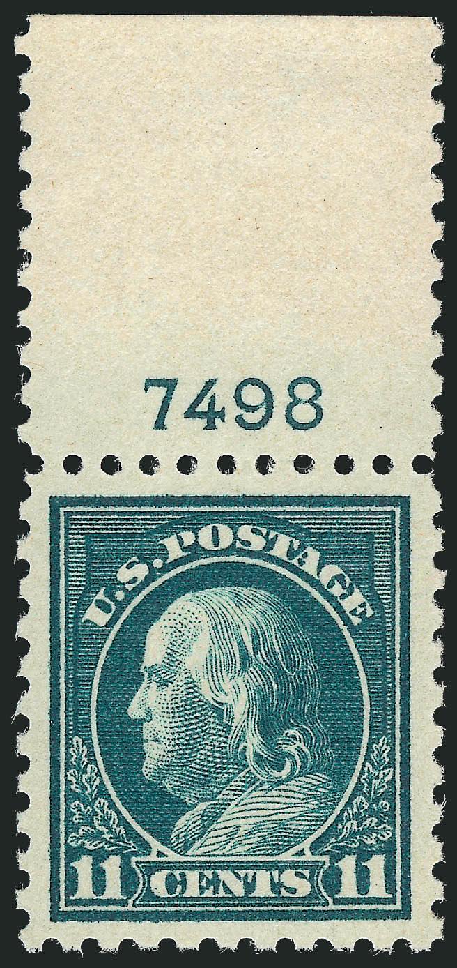 11c Dark Green (473).> Mint N.H. with top <plate no. 7498> selvage, deep rich color, beautiful centering with Jumbo margins on crisp white paper, Extremely Fine Gem, with 2008 P.S.E. certificate (XF-Superb 95
Jumbo SMQ $790.00 as 95, $2,650.00 as 98