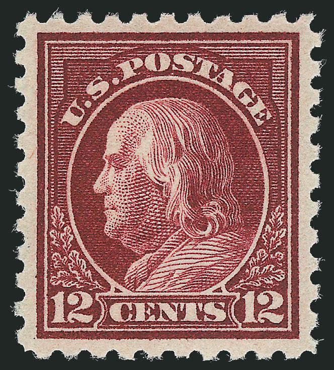 12c Claret Brown (474).> Mint N.H., intense shade on crisp white paper, beautiful centering with wide even margins, Extremely Fine Gem, with 1993 and 2007 P.F. certificates, and 2008 P.S.E. certificate
(XF-Superb 95 SMQ $1,000.00)