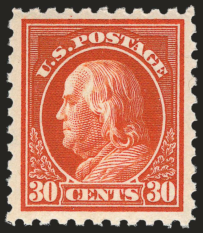 30c Orange Red, Perf 10 (476A).> Position 33 from plate no. 6911, Mint N.H., brilliant color on bright paper, exceptional centering for this difficult issue.<><>^VERY FINE AND CHOICE EXAMPLE OF THE RARE 30-CENT
PERF 10 ON UNWATERMARKED PAPER.^<><