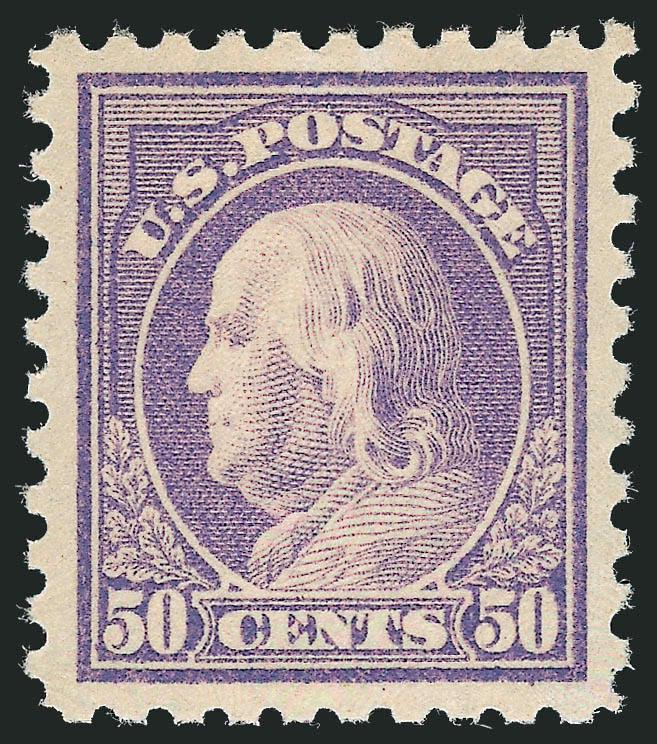 50c Light Violet (477).> Mint N.H., beautiful warm color, post-office fresh, choice centering with wide and balanced margins<><>^EXTREMELY FINE GEM. A SUPERB MINT NEVER-HINGED EXAMPLE OF THE 50-CENT PERF 10
FRANKLIN ISSUE ON UNWATERMARKED PAPER^<>